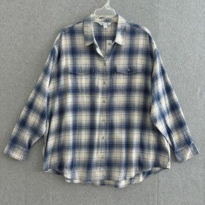 Old Navy Flannel Shirt Womens XXL Tall Blue White Plaid Boyfriend Top Cabincore